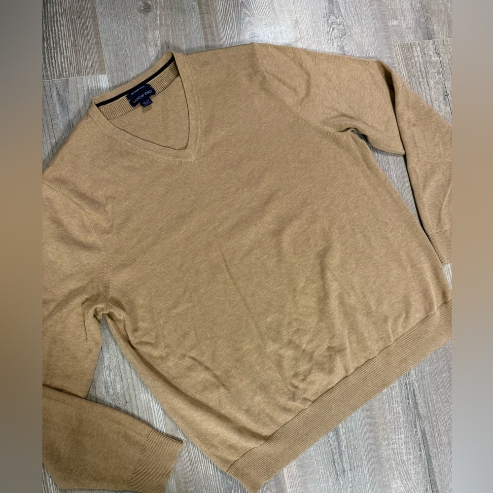 Lands' End Men's Camel V-Neck Sweater Supima Cotton Large Tall